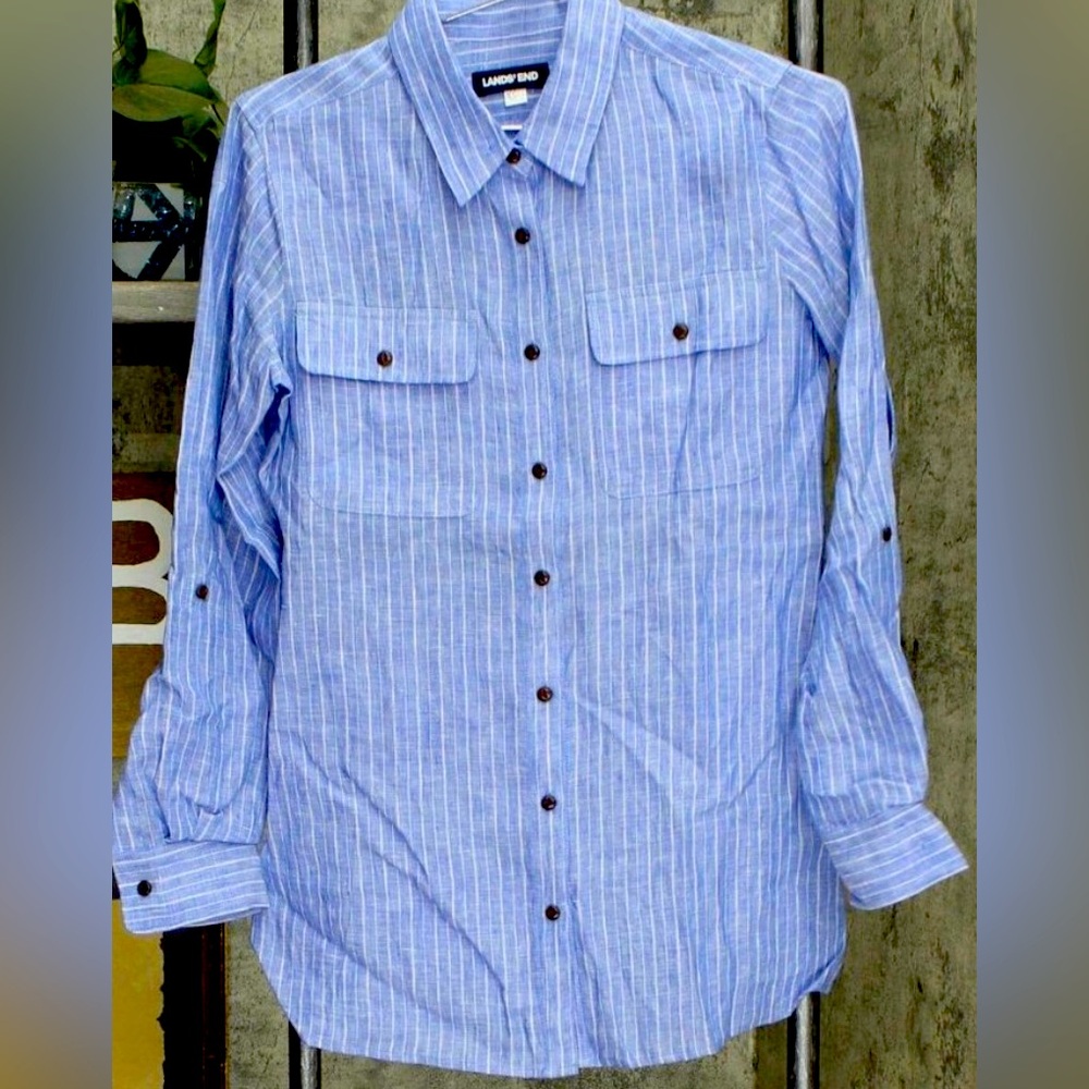 Lands' End Linen Utility Tunic Top button down Oxford S Tall Blue Stripe blouse